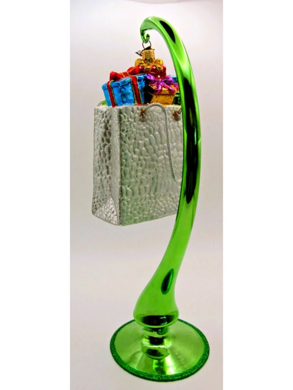Neiman Marcus 2012 Mercury Glass Shopping Bag Ornament with Green Glass Stand